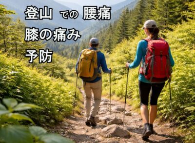 登山道を下るハイカー2人の後ろ姿と山の風景