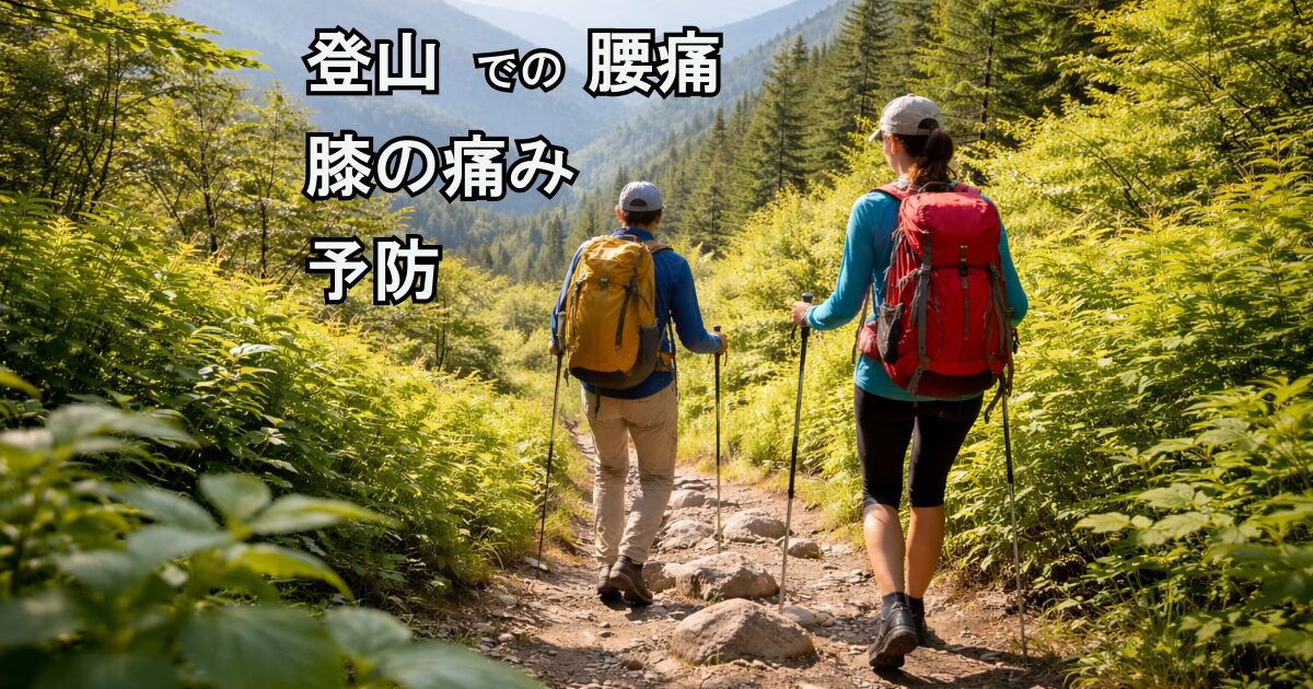 登山道を下るハイカー2人の後ろ姿と山の風景