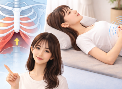 リブフレアによる肋骨の開きと横隔膜の位置を示す図と、仰向けで腹式呼吸を行う女性のイメージ