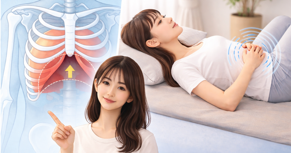 リブフレアによる肋骨の開きと横隔膜の位置を示す図と、仰向けで腹式呼吸を行う女性のイメージ