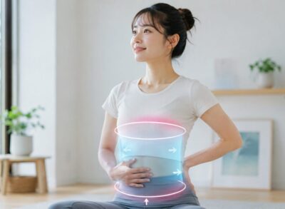 骨盤底筋と腹腔内圧を意識しながら呼吸する20代女性