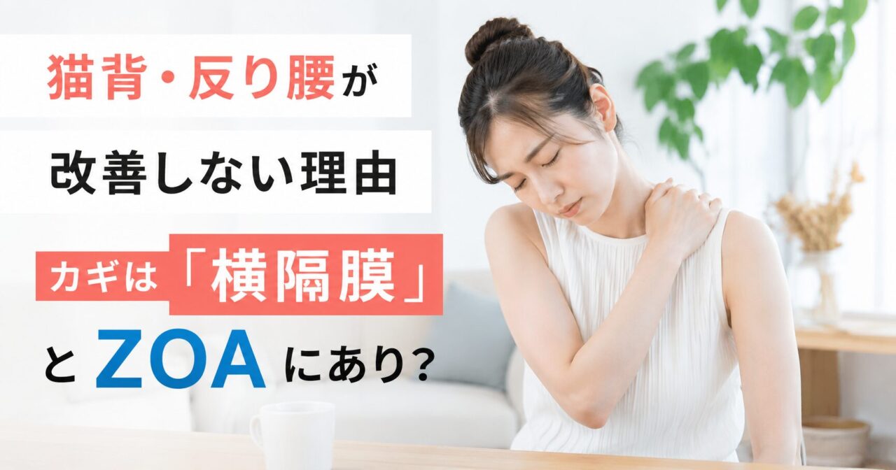 猫背や反り腰に悩む20代女性と、横隔膜・ZOAによる姿勢改善を解説するアイキャッチ画像