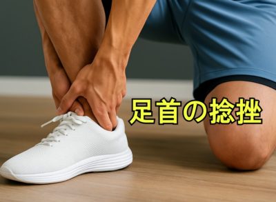 足首を押さえて痛がる人のイラストや写真。足首の捻挫の不安や痛みを表現。