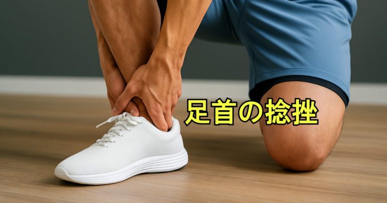 足首を押さえて痛がる人のイラストや写真。足首の捻挫の不安や痛みを表現。
