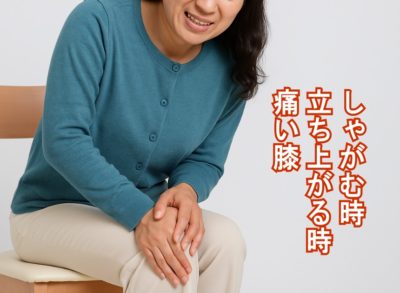 椅子に座って膝を押さえ、痛みを訴えている中年女性の画像。膝の違和感・不安・痛みを表現。