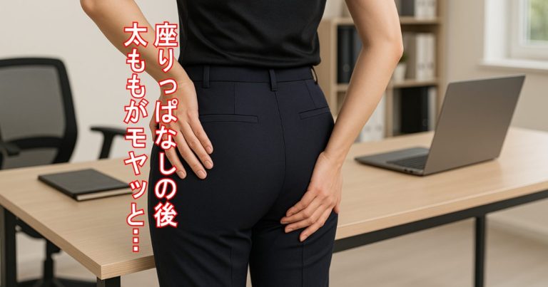 座りすぎによる太ももの違和感を訴える女性の後ろ姿