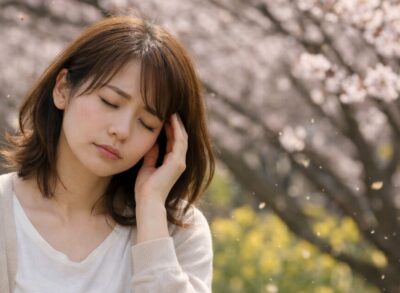 春の桜の下で頭に手を当て体のだるさを感じている女性のイメージ