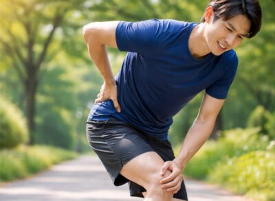 ランニング中に腰と膝の痛みを感じている男性の横長写真