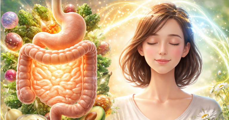 腸内環境とメンタルの関係をイメージしたイラスト。腸とリラックスした女性が描かれ、腸脳相関を表現している