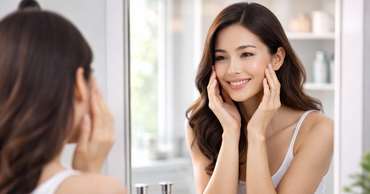 洗面台の鏡をのぞきながら肌の状態を確認する女性｜アンチエイジングと老化研究のイメージ