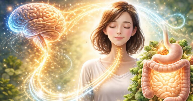 迷走神経によって脳と腸がつながる様子を表現したイラスト。リラックスした女性と脳、腸のつながりを描いている