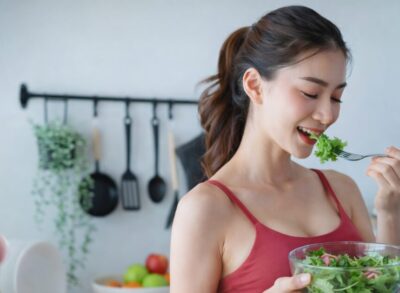 サラダを食べる健康的な女性｜野菜中心の食事とヘルシーなライフスタイルのイメージ