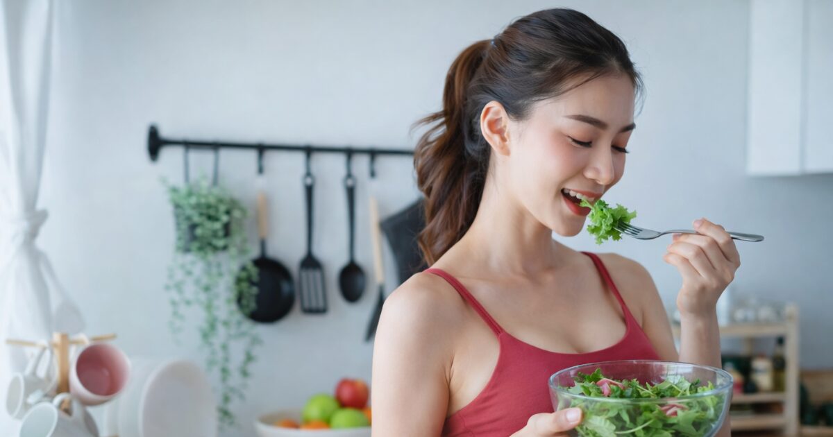 サラダを食べる健康的な女性｜野菜中心の食事とヘルシーなライフスタイルのイメージ