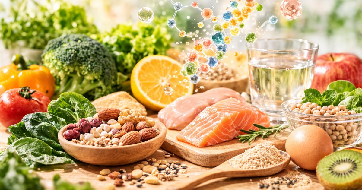 酵素の働きと栄養代謝をイメージした健康的な食材と分子構造の写真風イメージ