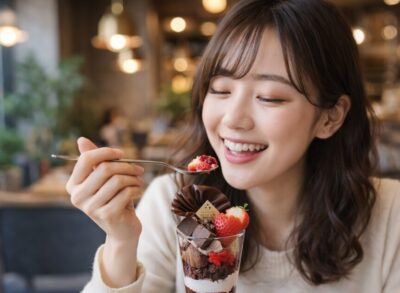 カフェでいちごチョコパフェを幸せそうに食べる女性