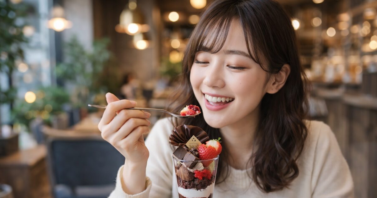 カフェでいちごチョコパフェを幸せそうに食べる女性