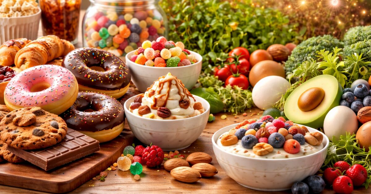 甘いお菓子と健康的な食材が並び、食欲や栄養バランスをイメージした横長の写真風イメージ