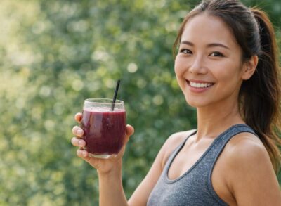 アサイージュースを飲みながら健康的なライフスタイルを楽しむ女性