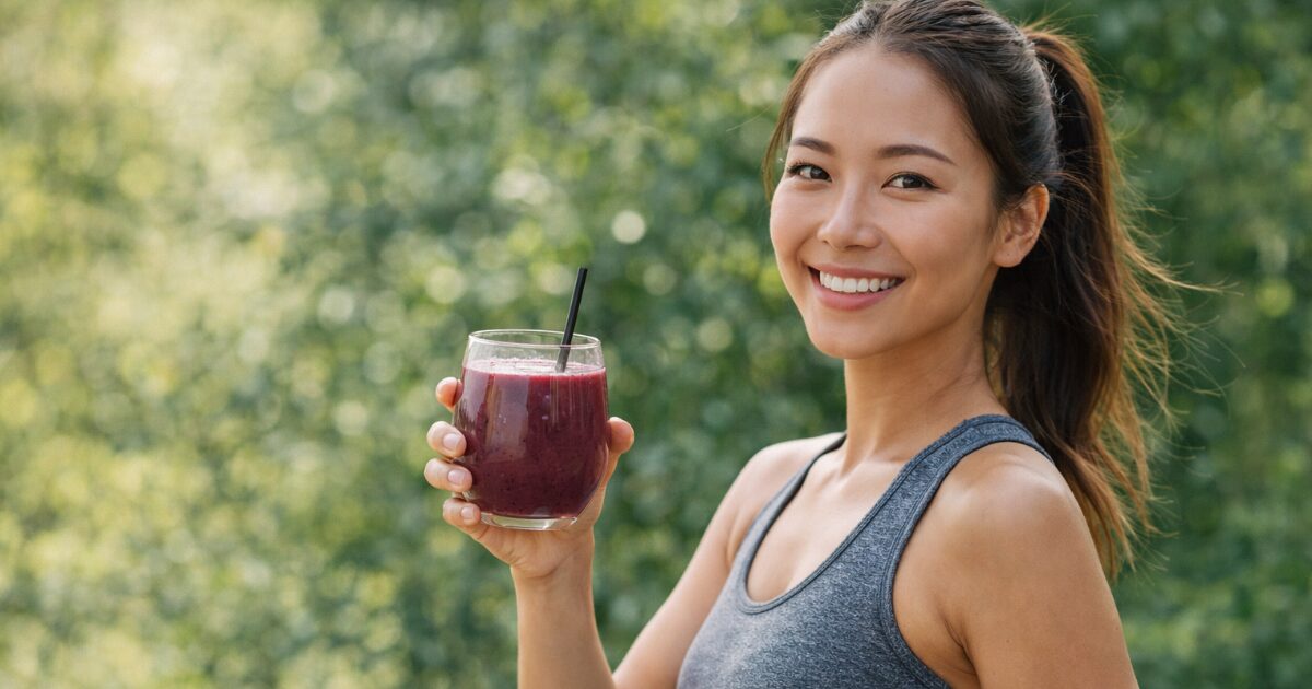 アサイージュースを飲みながら健康的なライフスタイルを楽しむ女性