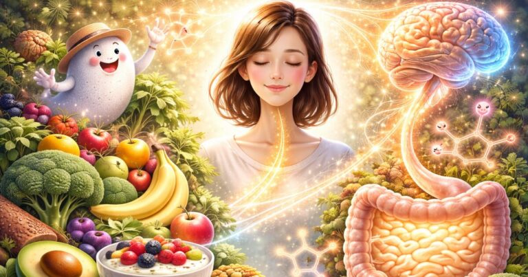 腸内細菌と脳のつながりをイメージした、腸と脳を光のラインで結び健康的な食材が配置された横長イラスト