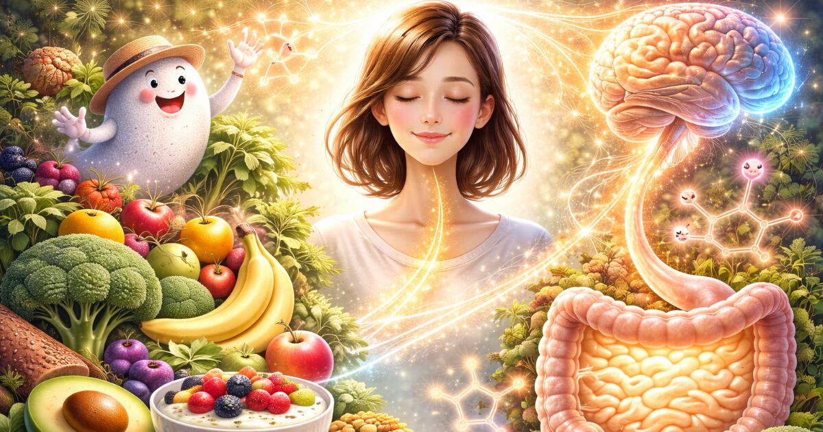 腸内細菌と脳のつながりをイメージした、腸と脳を光のラインで結び健康的な食材が配置された横長イラスト