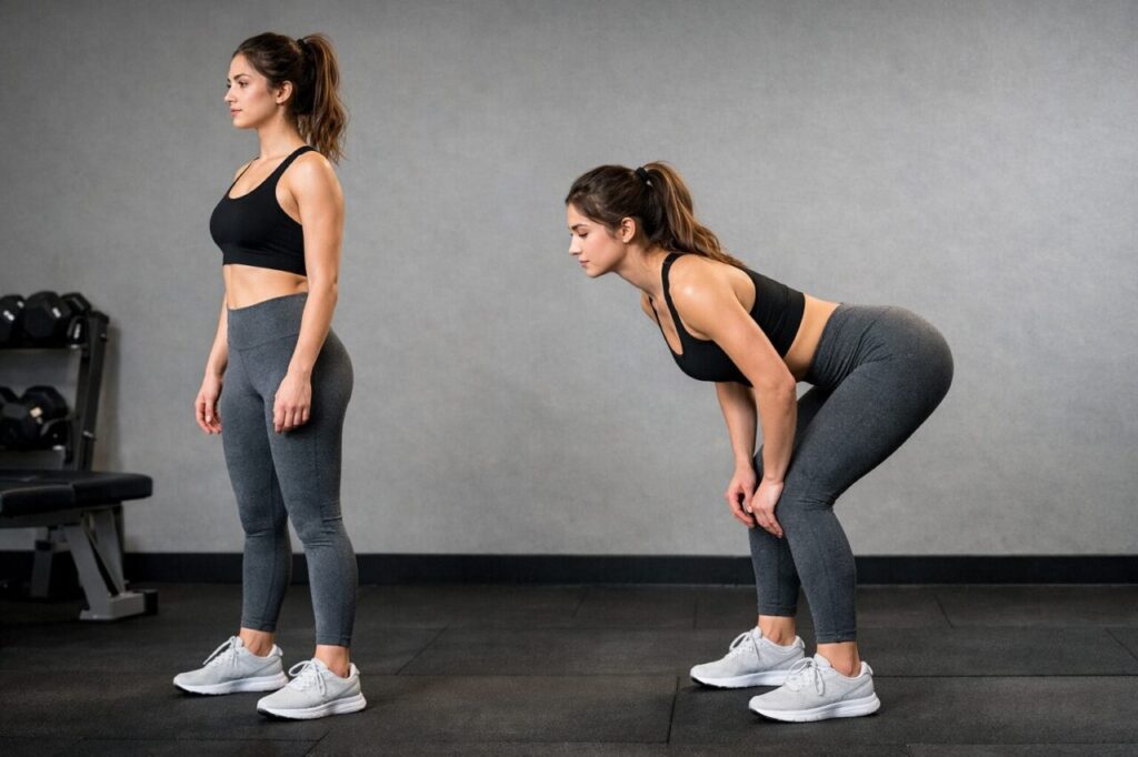 ヒップヒンジ動作で太もも裏(ハムストリングス)を使う姿勢の比較