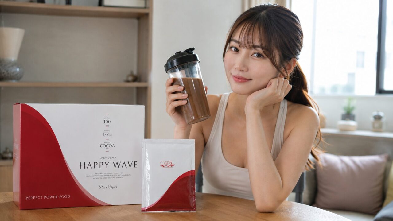 2週間ファスティングに使用したハッピーウェーブを持つ女性モデル。高たんぱく・低脂質・高食物繊維の置き換えファスティングイメージ