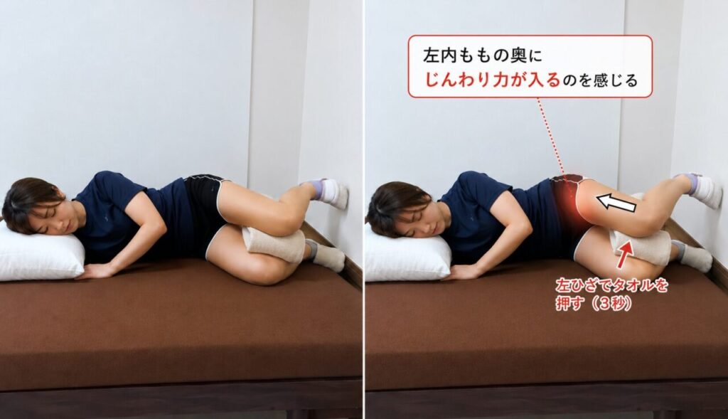 アダクタープルバックのやり方と左内転筋（ICアダクター）の使い方を示したイラスト