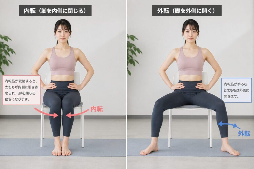 内転筋の働き（脚を内側へ閉じる「内転」）を示した模式図